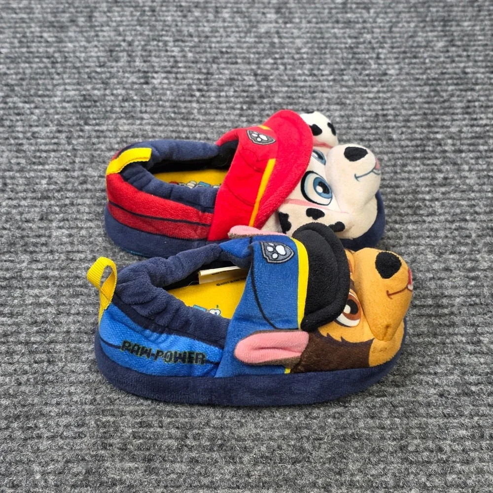 Paw Patrol Chase & Marshall Plush Slippers Boy's Size M 7/8 Blue Red  Slip On